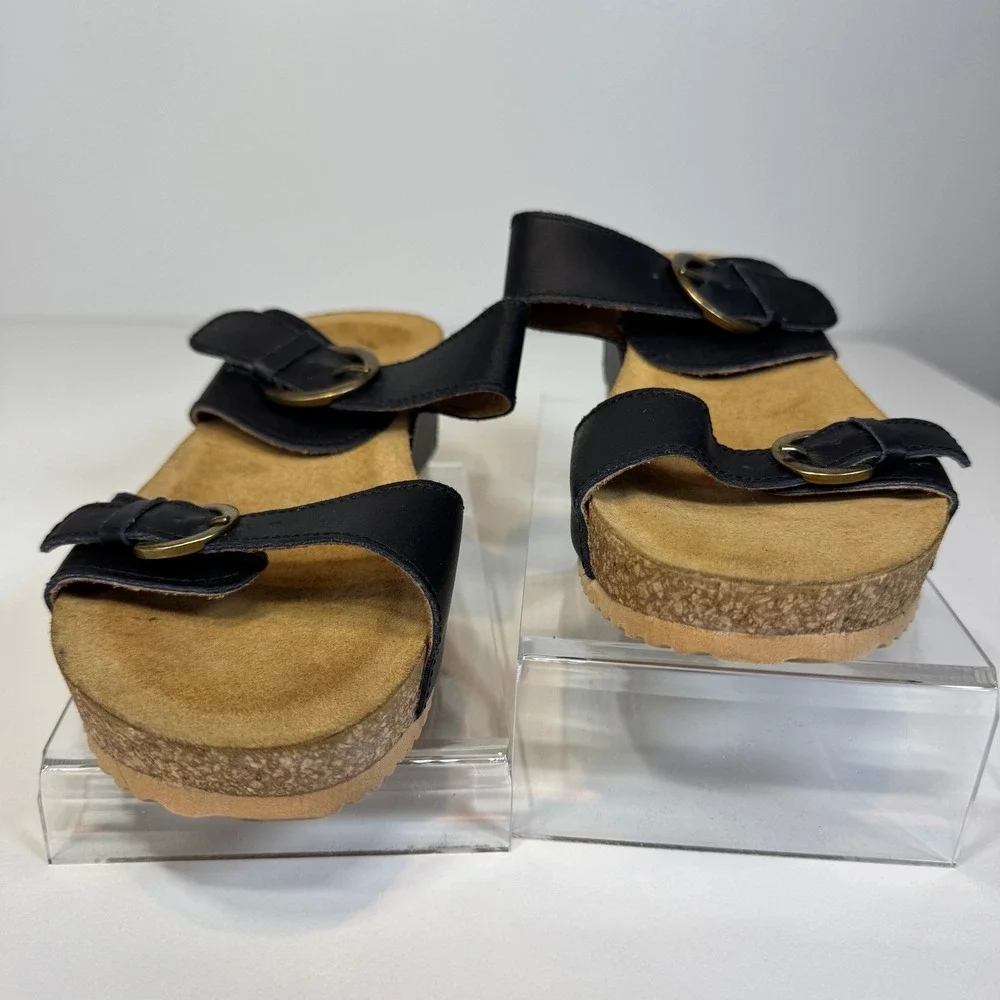 Axxiom Ravine Black Leather Wedge Sandals Slides Women 7M Cork Heel Comfort-core